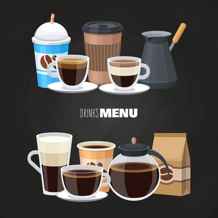 Drinks menu elements on blackboard - vector coffee shop flat design. Illustration of cup of coffee beverage, latte and americanoのイラスト素材