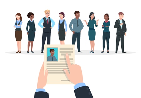 Recruitment concept. Business people candidates interview. Businessman holds cv resume. Employment and career vector background. Candidate to work, recruitment employment people illustrationのイラスト素材