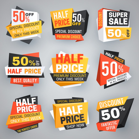 Half price sale tags. Special weekend offer discount, 50 off sale banners and coupons vector collection. Illustration of discount label and offer, market tagのイラスト素材