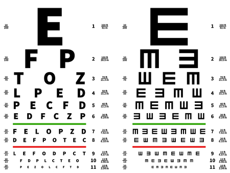 Eyes test chart. Vision testing table, ophthalmic spectacles measuring equipment. Vector illustration. Medical test health optical, sight check examinationのイラスト素材