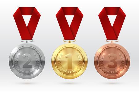 Sports medals. Golden silver bronze medal with red ribbon. Champion winner awards of honor vector isolated template. Illustration of championship trophy, champion medal of setのイラスト素材