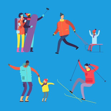 Happy international family and friends are engaged in winter sports vector illustration. Sport family and happy woman and man with childのイラスト素材