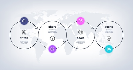Timeline infographic. Loop process chart with 4 step on world map. Business four options process with numbers. Workflow vector diagram. Timeline step process, infographic business illustrationのイラスト素材