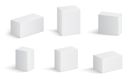 White cardboard boxes. Blank medicine package in different sizes. Medical product square box 3d vector isolated mockups. Container package, cardboard box, mockup compact block illustrationのイラスト素材
