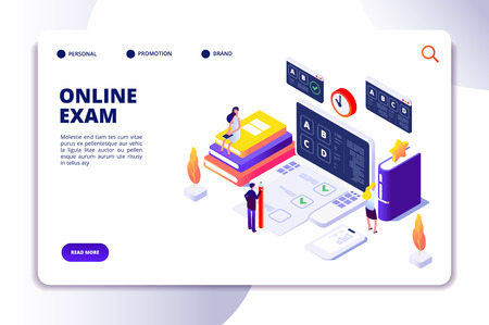 Online questionnaire isometric concept. Exam quiz application, people in online voting. Survey checklist landing vector page. Isometric computer online exam for education illustrationのイラスト素材