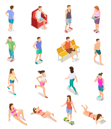 Isometric people in summer clothes. 3d human characters, teenagers in bathing suit. Isolated vector set of people on vacation, woman and man recreation outdoor illustrationのイラスト素材