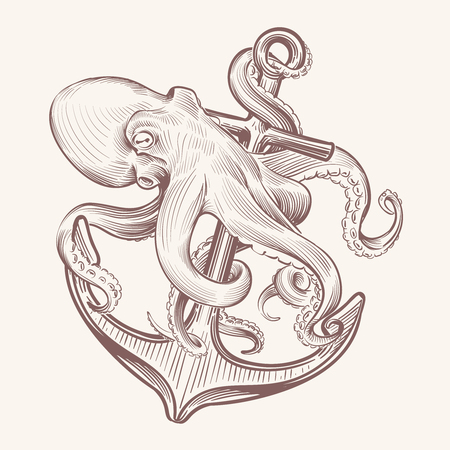 Octopus with anchor. Sketch sea kraken squid holding ship anchor. Octopus navy tattoo vector vintage design. Illustration of octopus and anchor, mythical animal and hookのイラスト素材