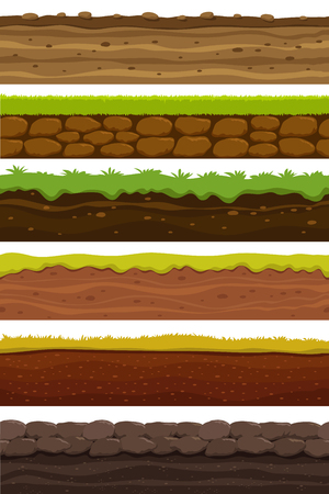 Cartoon seamless grounds. Wide landscape ground. Land and soil for ui game vector collection. Illustration of ground soil, seamless horizontal interfaceのイラスト素材