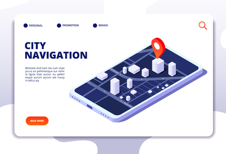Navigation map isometric concept. Gps location system. Phone tracker with global positioning. Vector landing page navigation gps system, city street on mobile screen illustrationのイラスト素材