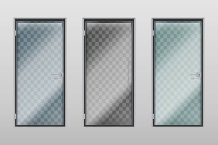 Glass office doors. Modern interior transparent door with handle and lock. Vector set of entrance door shop or boutique, closed shopfront illustrationのイラスト素材