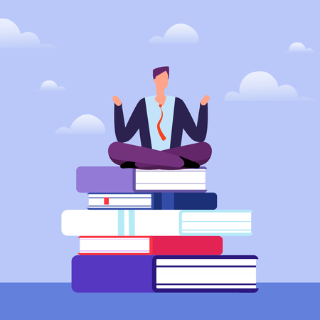 Literate man sits on pile of books. Self education vector concept. Illustration of worker guy education and studyのイラスト素材