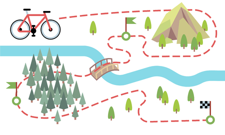 Bike route map. Cycling trip road, country path. Bike adventure tour vector map. Illustration of adventure travel mountain and forestのイラスト素材