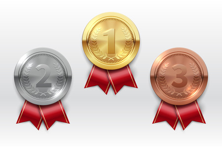 Gold silver bronze medals. Champion winner award metal medal. Honor badges realistic isolated vector set. Medal bronze, silve and gold for championship prize illustrationのイラスト素材