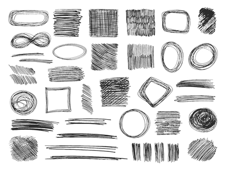 Sketch shapes. Hand drawn scribble frames. Pencil doodles. Sketched textures isoloted vector set. Illustration of scribble sketch, drawing frame doodleのイラスト素材
