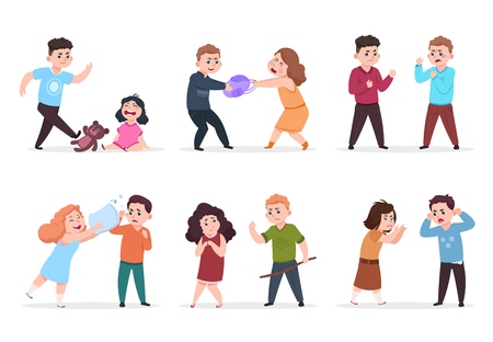 Angry kids. Bad boys and girls confronting and bullying smaller children. Bad behavior kid vector character. Illustration of boy and girl bullying, childhood violenceのイラスト素材