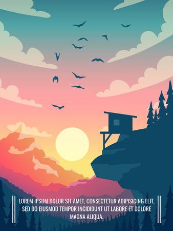 Flat vector mountain landscape with sun and clouds in sky with birds. Outdoor house on mountain, home for tourism in landscape scene illustrationのイラスト素材