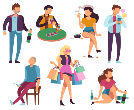 Addicted people. Bad habits alcoholism drug addiction smoking gambling smartphone shopping addictions. Unhealthy lifestyle vector set. Alcoholic addiction, habit drink and shopaholic illustrationのイラスト素材