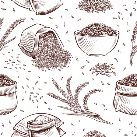 Rice seamless pattern. Hand drawn bowl with rice grains and paddy ears vector japanese texture. Illustration of sack with rice grainのイラスト素材
