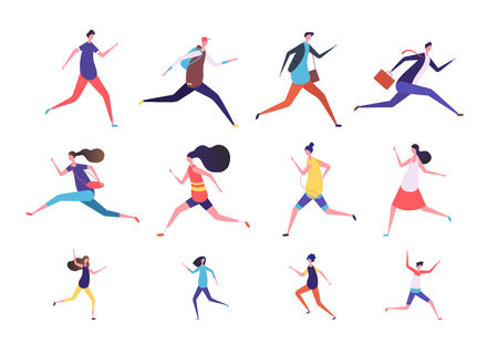 Running people. Flat man and woman, business persons and kids run. Flat vector runner jogging characters set. Illustration of run man and woman, runner girl boyのイラスト素材