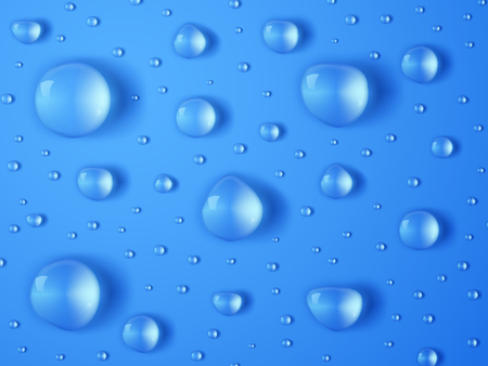 Realistic water drop. Rain droplet splashes, transparent teardrops. Closeup rain drops on wet surface. Vector texture. Droplet on glass, transparent wet drop illustrationのイラスト素材