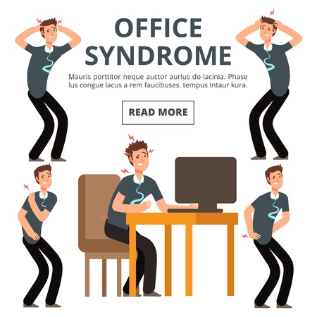 Office syndrome symptoms of set vector illustration. Syndrome body pain exerciseのイラスト素材