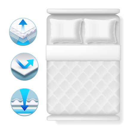Info icons about bed mattress. Realistic white bed with pillows and blanket isolated on white background. Bed furniture mattress for sleep comfortable illustrationのイラスト素材