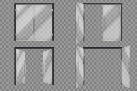 Glass doors. Open closed supermarket outside transparent door isolated vector 3d set. Illustration of glass door, entrance to boutiqueのイラスト素材