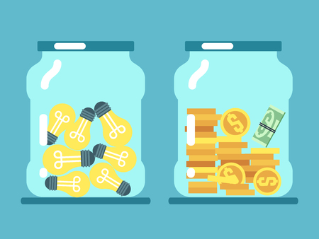 Saving money and ideas. Coins and lamps in glass jars vector illustration. Financial cash and idea in glass banksのイラスト素材