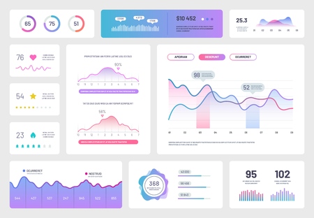 Infographic dashboard template. Modern ui interface, admin panel with graphs, chart and diagrams. Analytical vector report. Illustration of infographic dashboard, plan and statisticのイラスト素材