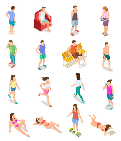 Isometric people in summer clothes. 3d human characters, teenagers in bathing suit. Isolated vector set of people on vacation, woman and man recreation outdoor illustrationのイラスト素材