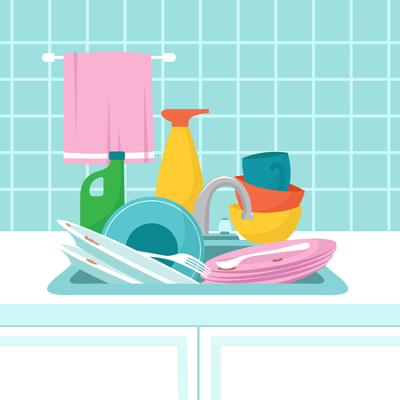 Kitchen sink with dirty plates. Pile of dirty dishes, glasses and wash sponge. Vector illustration. Dirty plate and dish, household workのイラスト素材