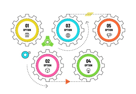 Gears infographic. Engineering timeline concept with 5 options. Workflow diagram, process flowchart vector infographics template. Process step business infographic and workflow diagram illustrationのイラスト素材
