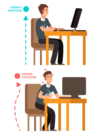Body incorrect and correct, person sit correct or incorrect vector illustration. Correct body position on chair officeのイラスト素材