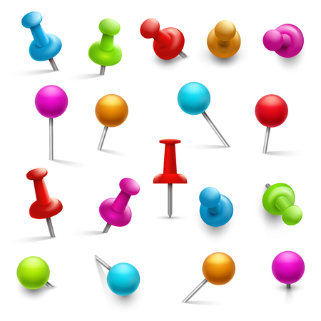 Thumbtack. 3d multicolored push pins for notice paper. Pushpins isolated vector set. Fix pins and attach accessory for board illustrationのイラスト素材
