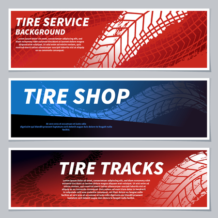 Tire tread tracks banners. Motorcycle, car and race bike dirty grunge road tire prints. Tread automobile, motor sport vector banner. Illustration of tire imprint and trail patternのイラスト素材