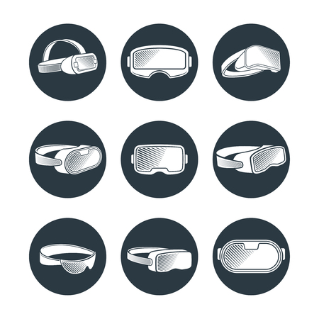 Virtual reality glasses and helmets vector icons set. Illustration of vr device, virtual helmet for cyberspace gameのイラスト素材