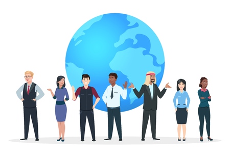 Professional team. Asian, european and african business people standing at world globe. International business vector concept. Illustration of team people, teamwork businessman groupのイラスト素材