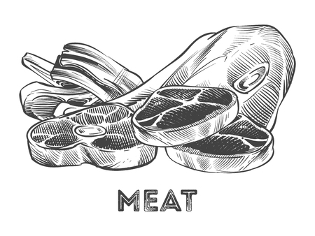Hand drawn steak, ribs, fresh meat isolated on white background. Vector illustrationのイラスト素材