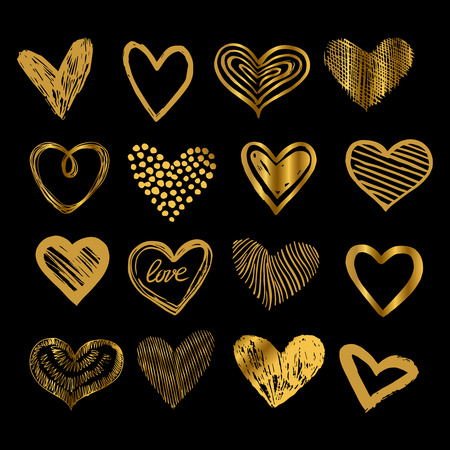 Doodle golden hearts. Hand drawn love heart icons vector set isolated on black illustrationのイラスト素材
