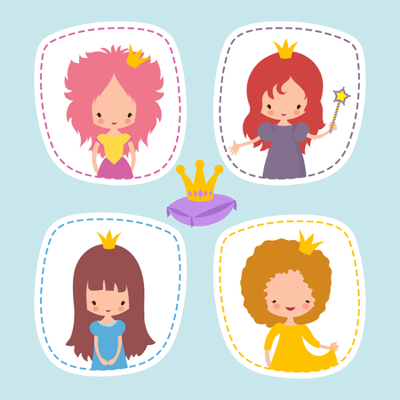 Cute little princess stikers or avatars vector set. Illustration of princess girl character with crownのイラスト素材