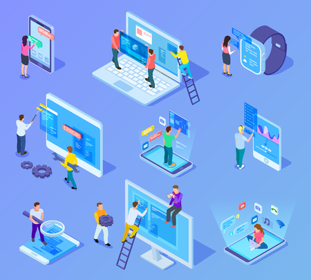 People and app interfaces isometric concept. Users and developers work with mobile phone and computer ui. 3d vector icons set. People development technology application constructionのイラスト素材
