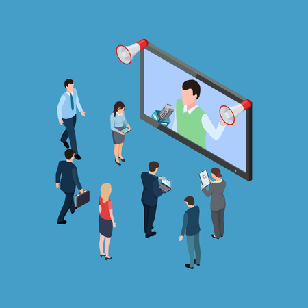Business people with megaphones and TV show isometric vector illustration. Megaphone communication screen with advertisementのイラスト素材