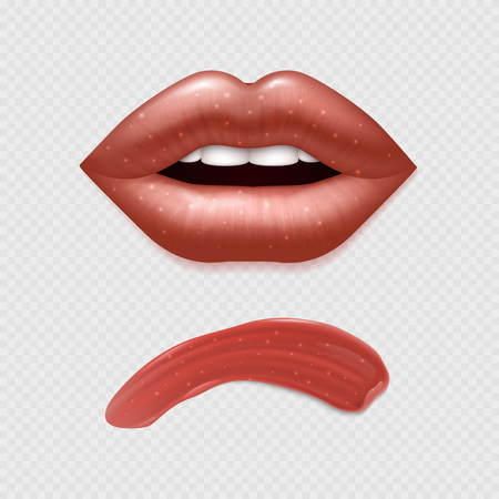 Vector realistic female lips and shine lipstick template. Illustration of beauty and fashionのイラスト素材