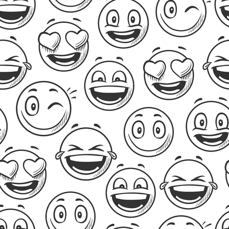 Positive smiling faces background, emoticons sketch line seamless pattern vector illustrationのイラスト素材