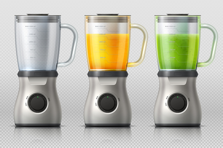 Juicer. Kitchen blender with orange and apple juice, drink mixer realistic vector isolated. Illustration of blender juicer, drink juiceのイラスト素材