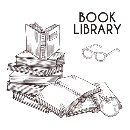 Sketch books and glasses isolated on white background. Stack of books vector concept. Illustration of book literature doodle, reading and learning textbookのイラスト素材