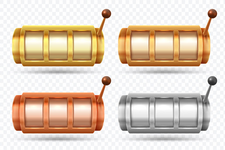 Slot machines. Golden, silver and bronze jackpot spinning machine. Casino game gamble vector set. Illustration of gambling game, spin gaming deviceのイラスト素材