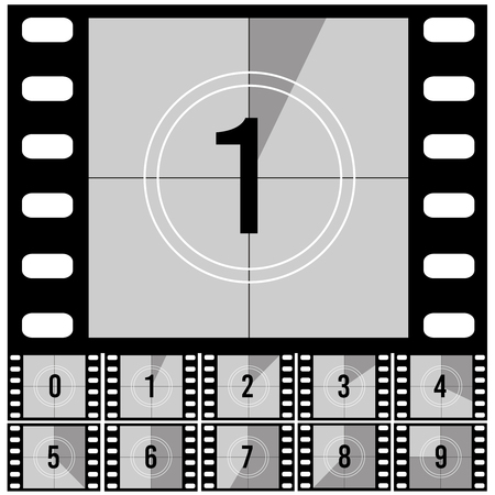 Countdown frames. Retro film movie timer universal counter with numbers. Vector set of countdown frame to start video illustrationのイラスト素材