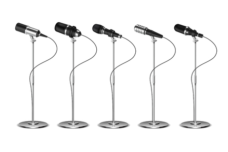 Microphones. Voice amplification audio equipment. Broadcast, concert and interview microphone on stand. Isolated vector set. Illustration of mic for speech, microphone recordのイラスト素材