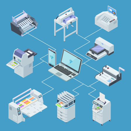 Modern printing house equipment. Printer plotter, offset cutting machines isometric vector concept. Illustration of control processing from laptop, scanning and plotter